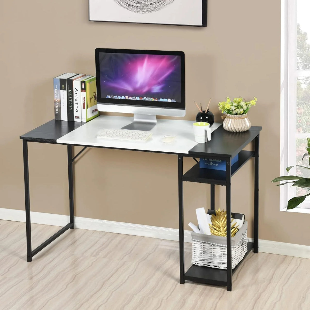 White 55.1 Inch Computer Desk with Shelves M121628