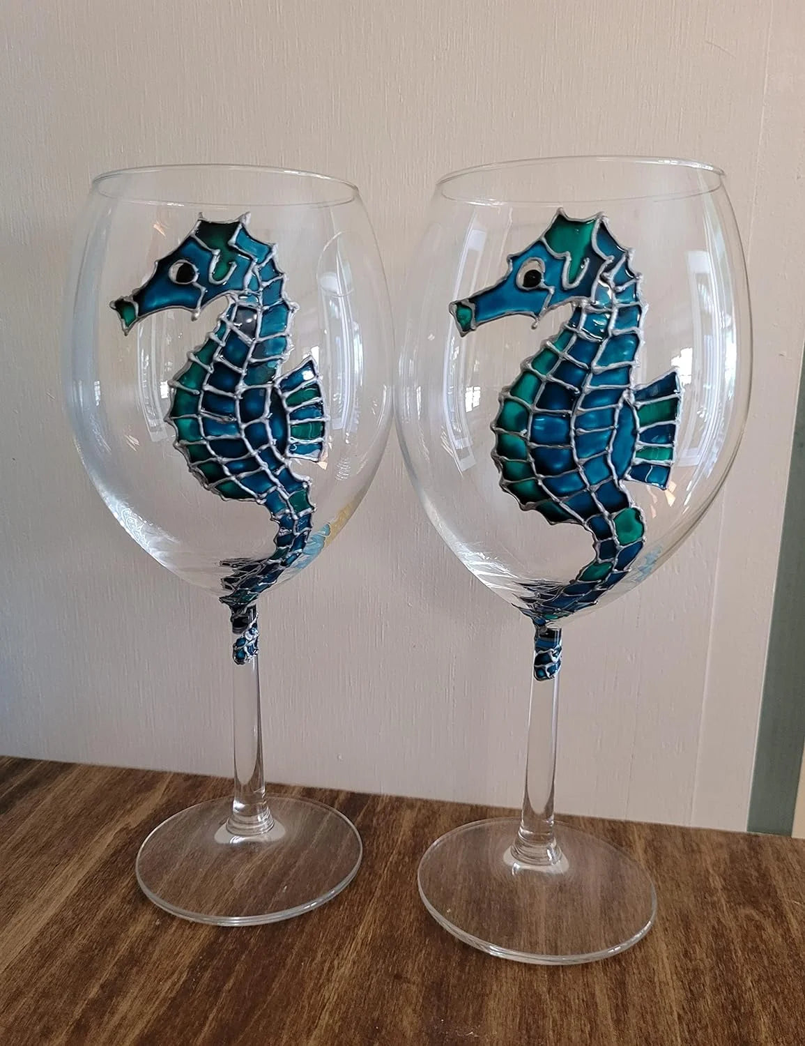Blue Green Hand Painted Wine Glasses Set Of 2 R261