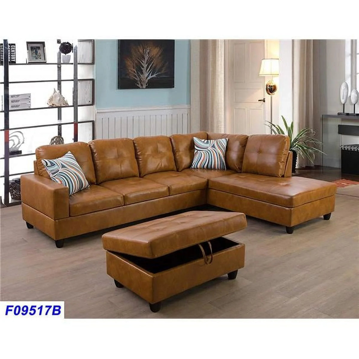 3 Piece Right Facing Sectional Sofa Set with Ottoman Faux Leather U172