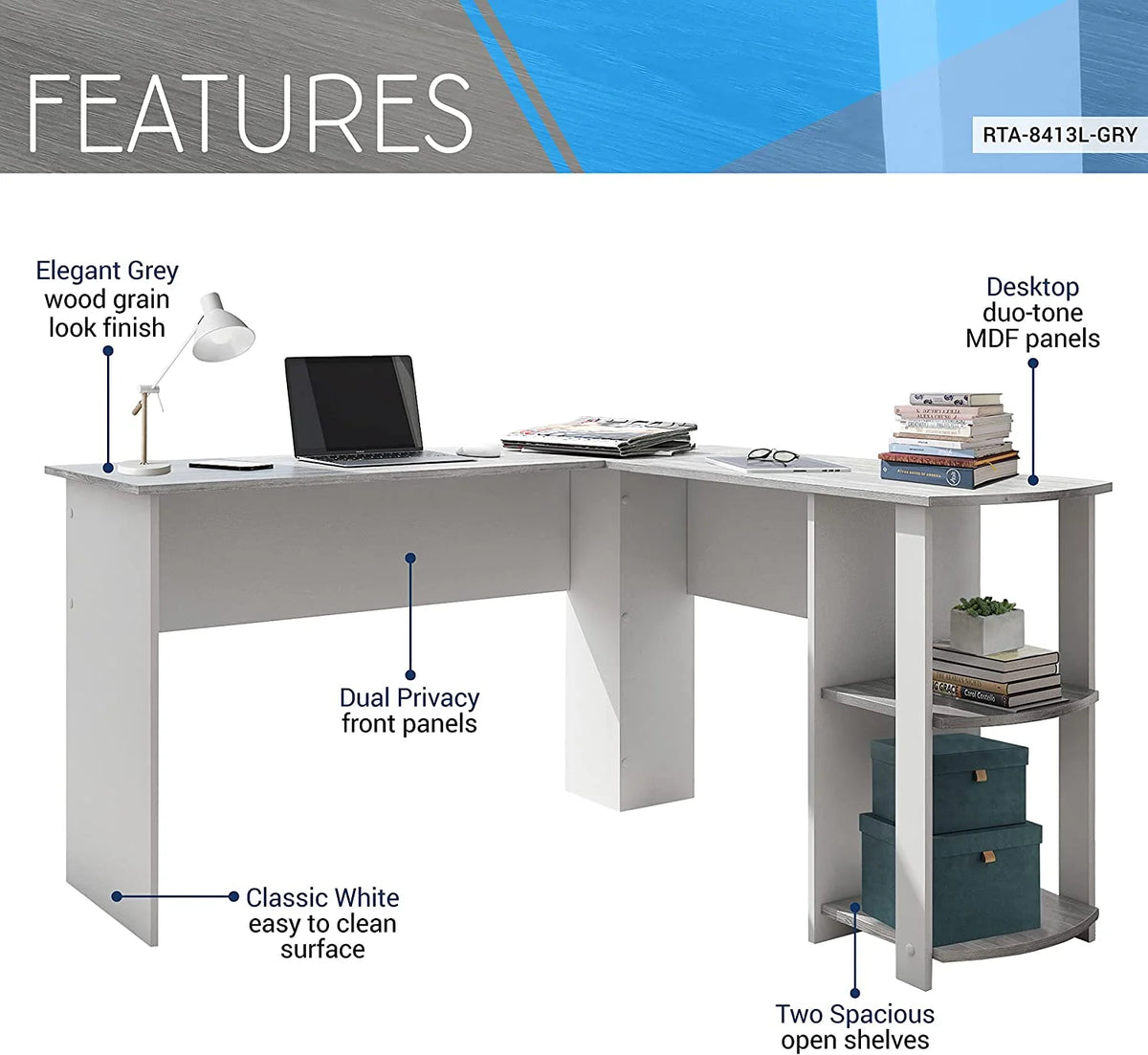 Shaped Desk with Corner Bookshelf & Side Storage Shelves A58580