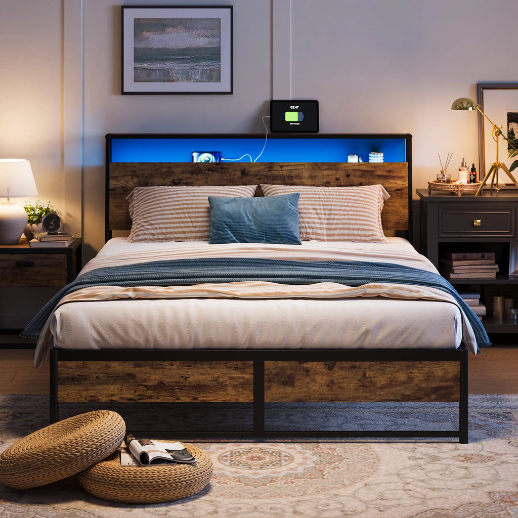 Full Size Platform Bed Frame with Headboard and Storage Shelves Z1395