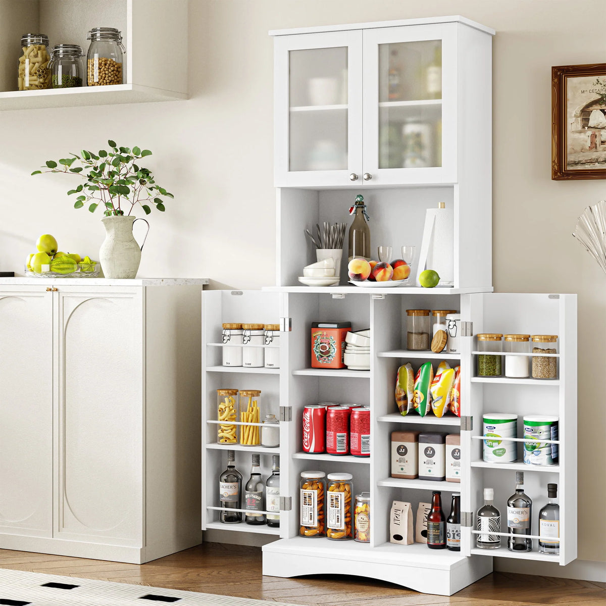 63'' White 4 Door Kitchen Storage Cabinet with Adjustable Shelves K977