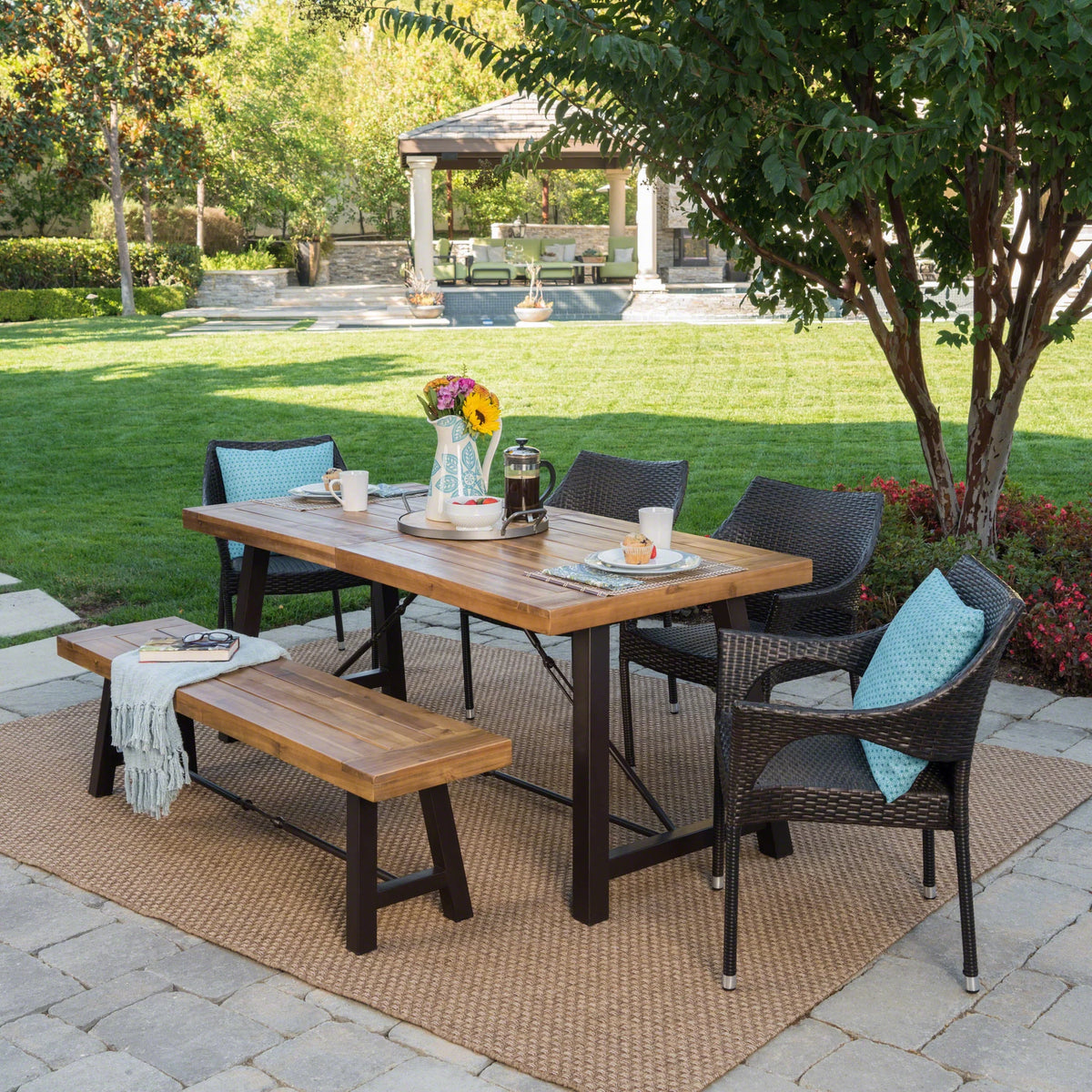 6 Piece Acacia Wood Dining Set with Wicker Stacking Chairs M446591