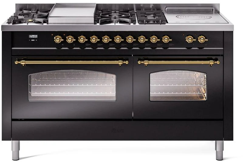 60 Dual Fuel Natural Gas Range Glossy Black Brass Trim Y492290