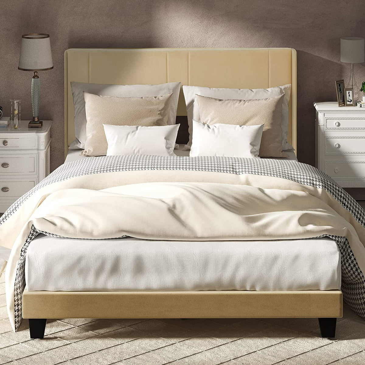 Beige Velvet Upholstered Queen Size Platform Bed Frame H524