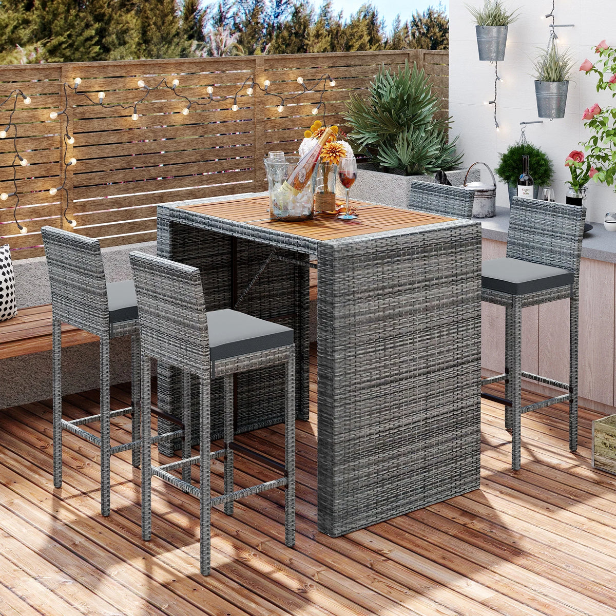 5 Pcs Gray Wicker Patio Bar Dining Table Set U8636