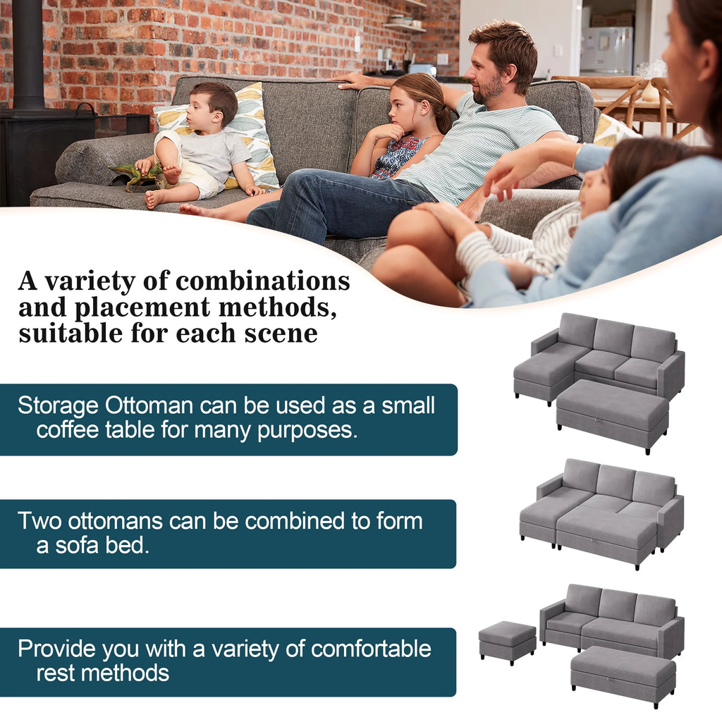 L Shaped 4 Seat Sectional Sofa with Storage Ottoman P3590