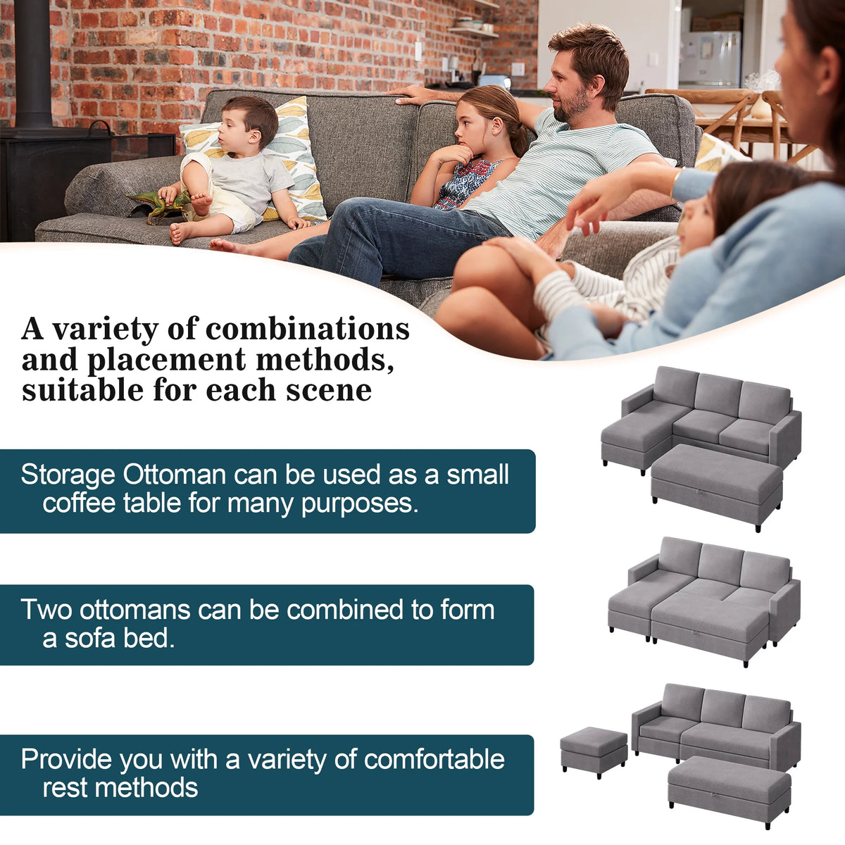 L Shaped 4 Seat Sectional Sofa with Storage Ottoman P3590