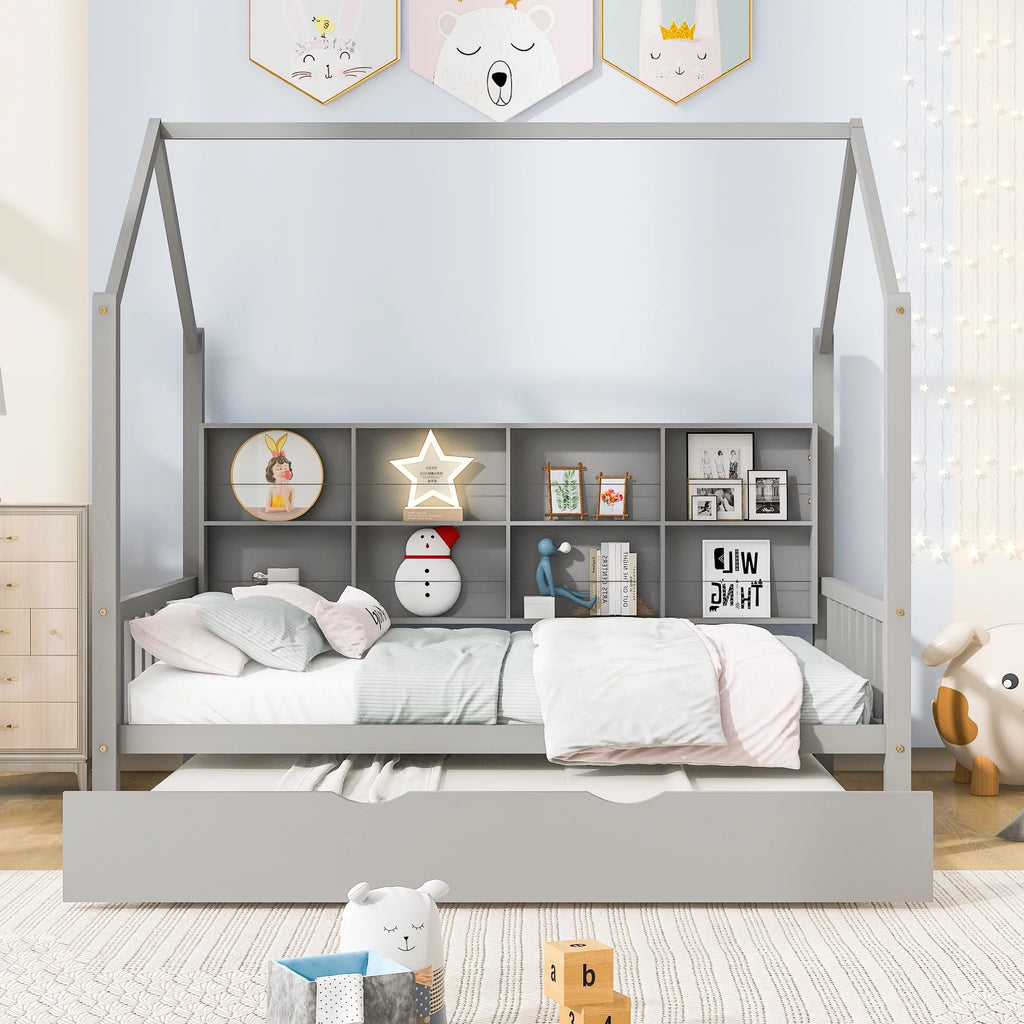Wooden Full Size House Bed with Trundle and Shelf X5077
