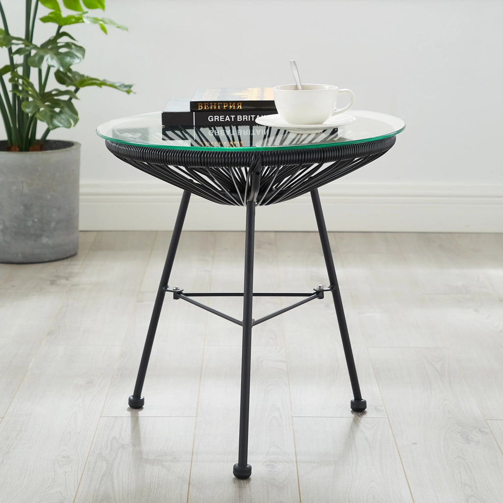 Woven Wicker Patio Side Table with Glass Top O33902