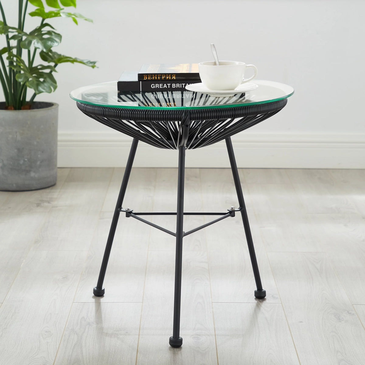 Woven Wicker Patio Side Table with Glass Top O33902