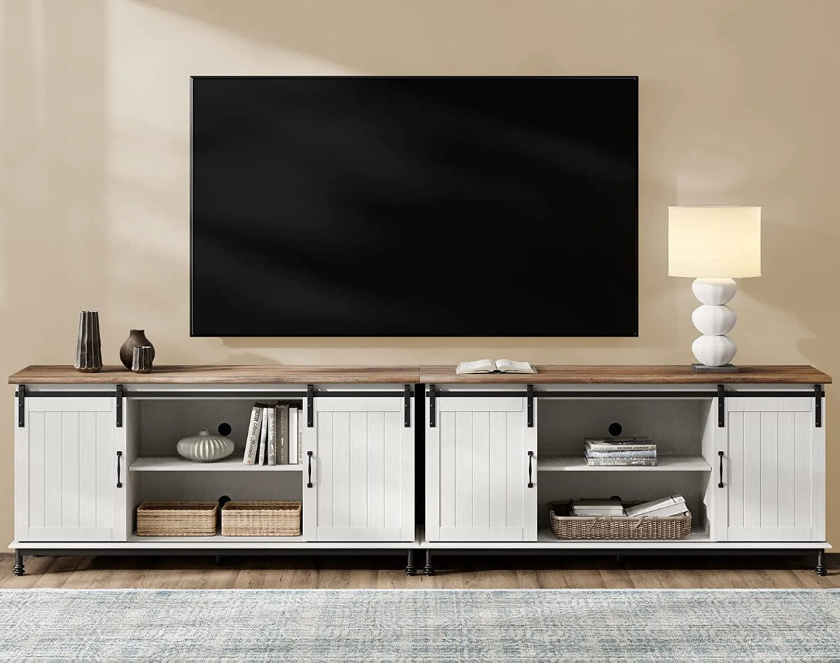 White Wood TV Stand with Sliding Barn Door W35966