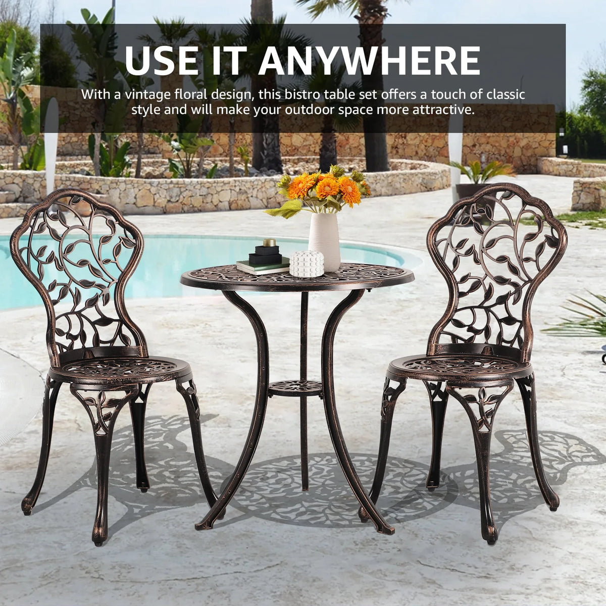 3-Piece Cast Aluminum Bistro Set with Umbrella Hole T39849