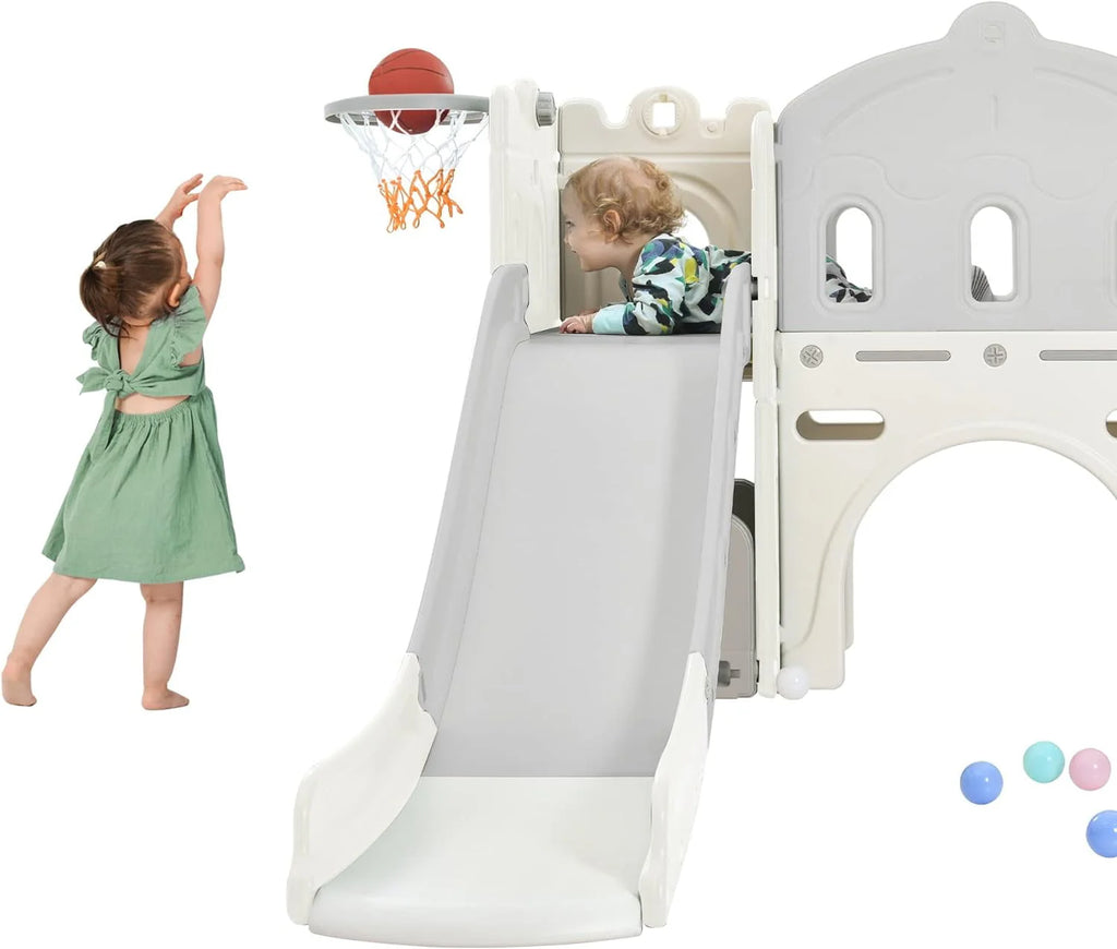 6 in 1 Kids Slide Set with Basketball Hoop and Tunnel, Green M9341