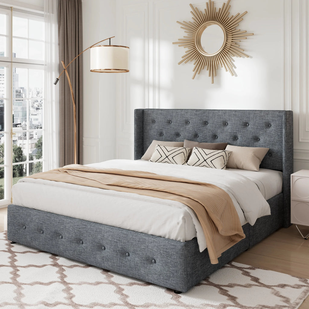 Queen Size Lift Up Storage Bed Frame with Wingback Headboard P264872