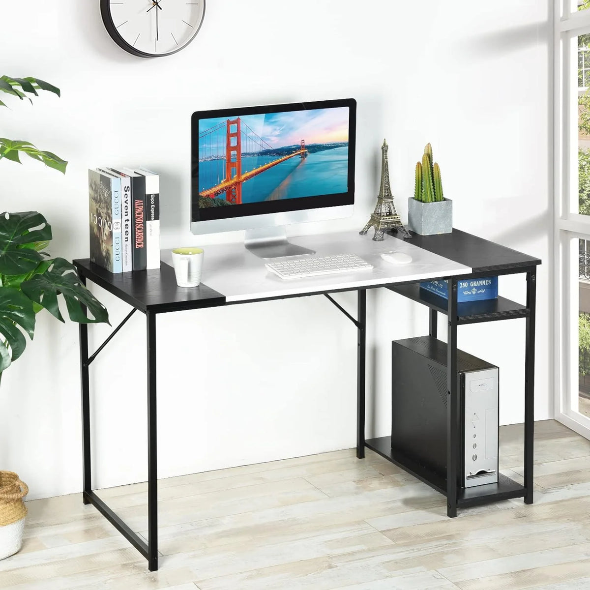 White 55.1 Inch Computer Desk with Shelves M121628