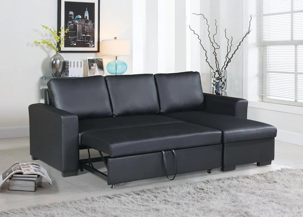 Black Faux Leather Convertible Sectional Sofa with Pull Out Bed C9922