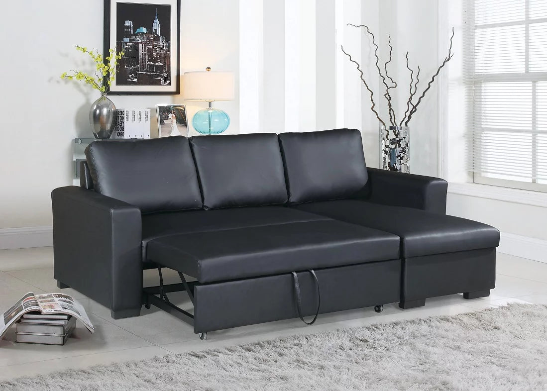 Black Faux Leather Convertible Sectional Sofa with Pull Out Bed C9922