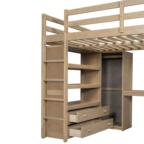 Full Size Wood Loft Bed with Desk and Wardrobe S89056